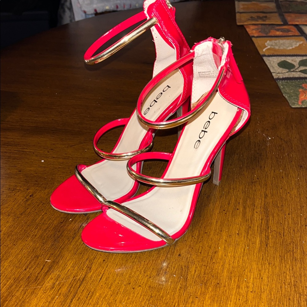 Bebe Vibrant Red and Gold Heels